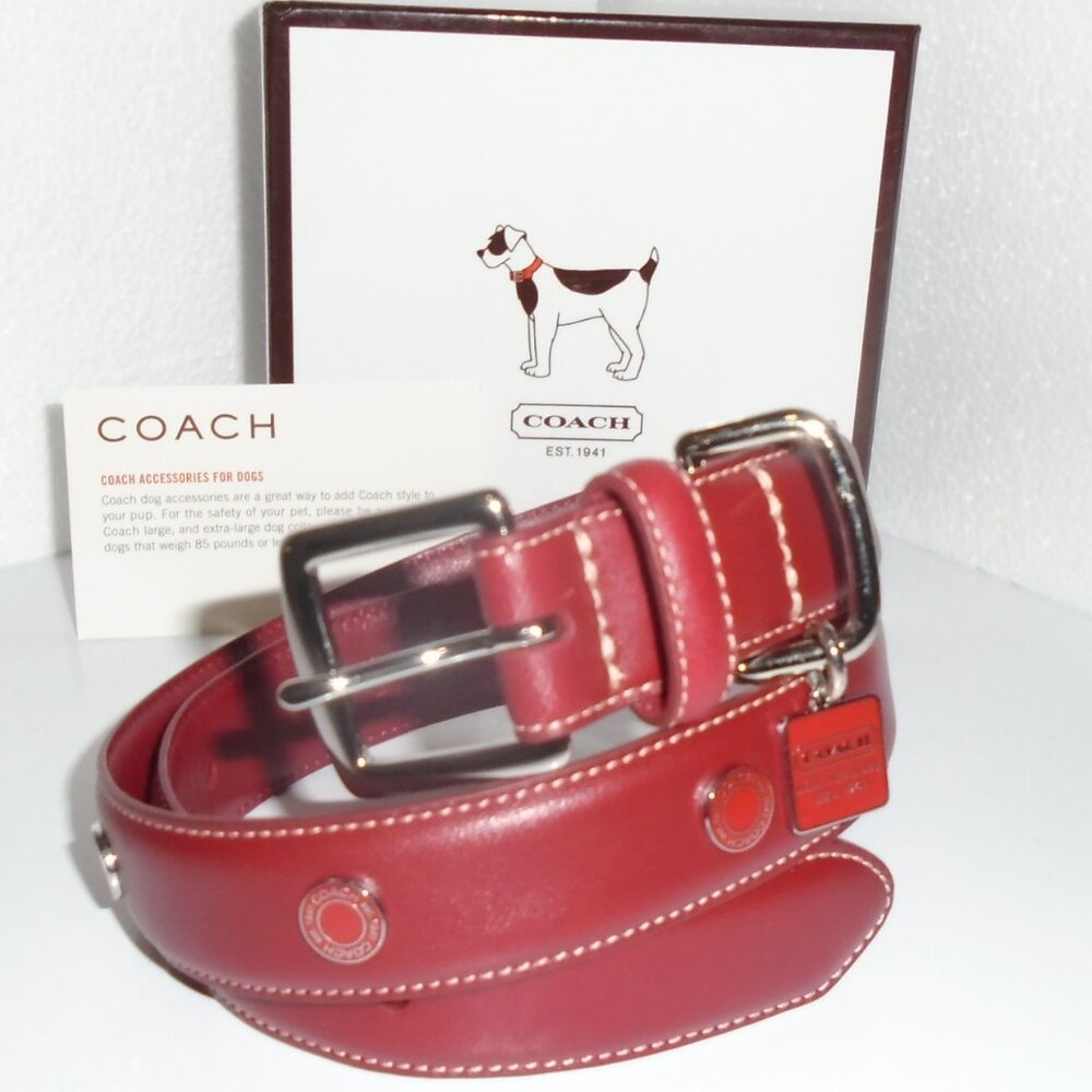 NEW VINTAGE Y2K COACH RED SMOOTH LEATHER GROMMET SQUARE CHARM DOG COLLAR 8848 XL